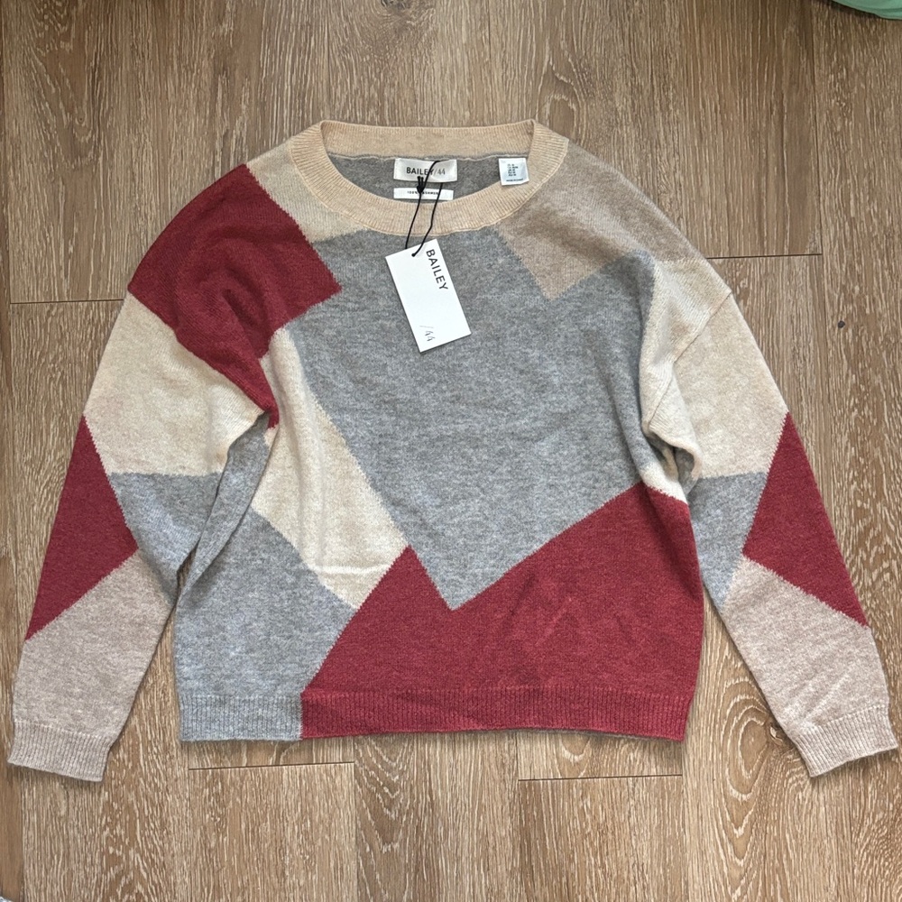 New! Bailey 44 geometric cashmere sweater, gray/red/cream- medium